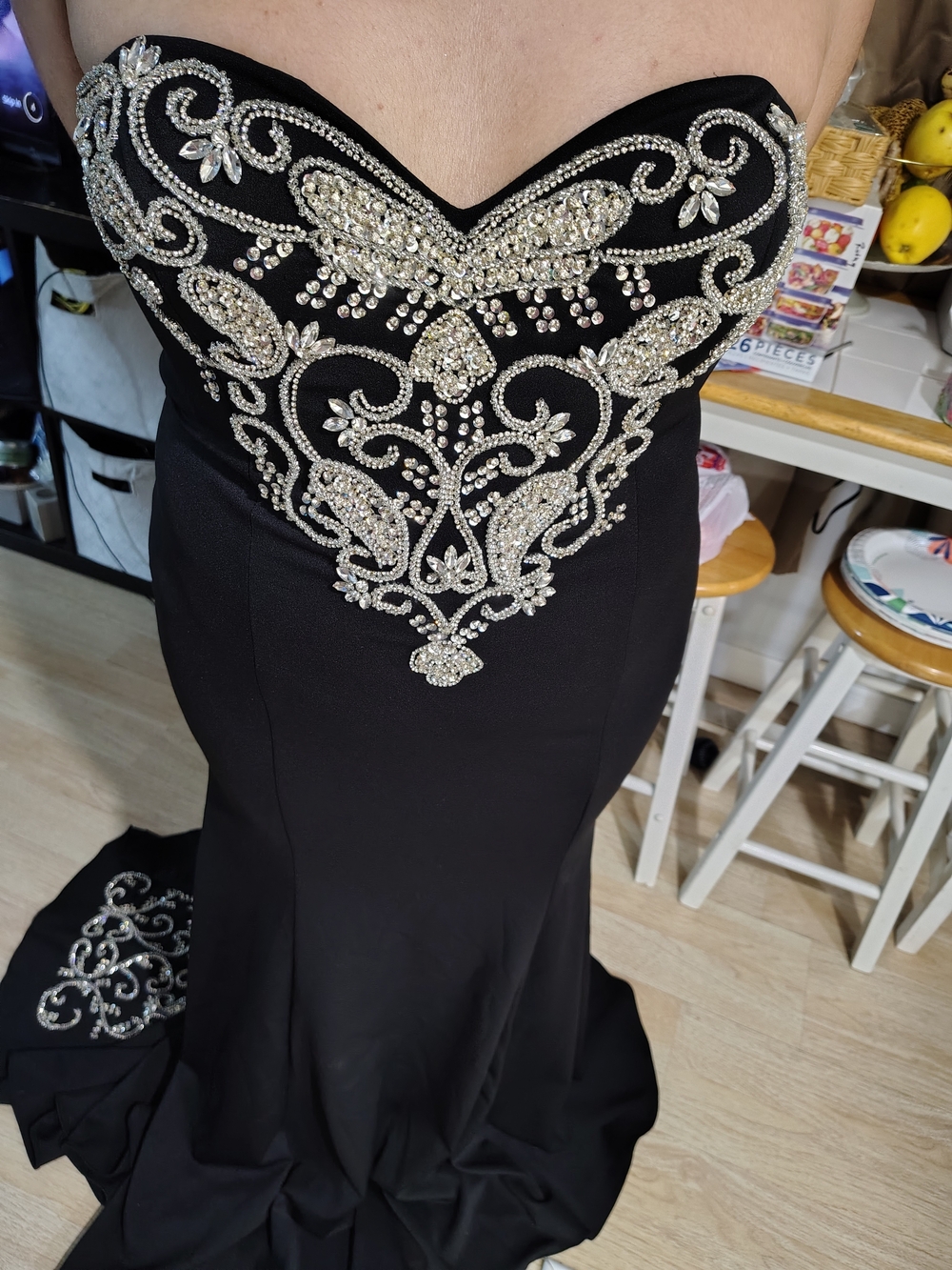 Camille La Vie Black Strapless Evening Gown with Silver Crystal Detail